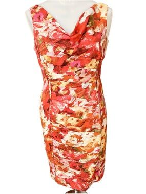 Theia Watercolor Floral Ruched Panel Sheath Midi Dress size 8